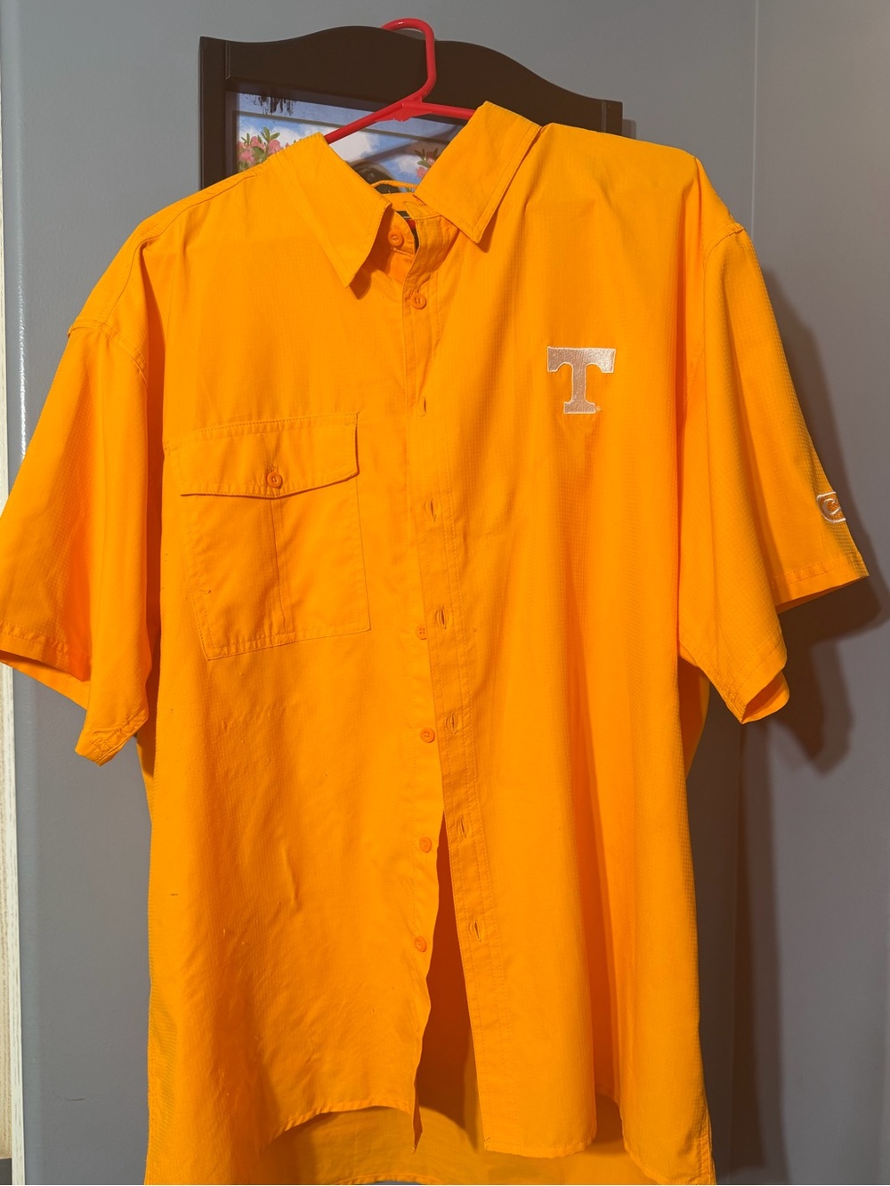Embroidered 'T' Short-Sleeve Button-Down Shirt in Orange